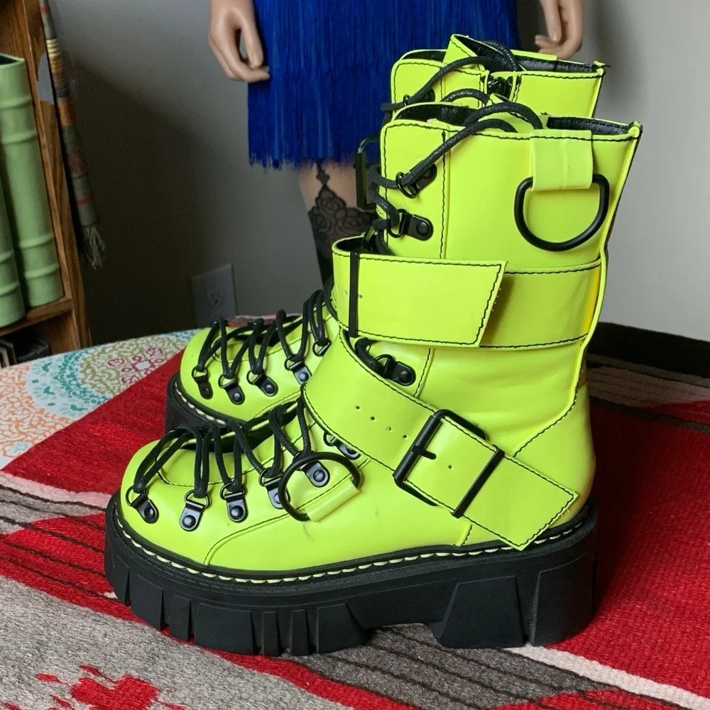 Club Exx Neon Yellow/Green Low Traitor Combat Boots D-Ring Lace Up – NIB - Picture 3 of 9